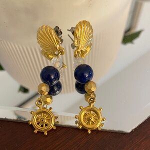 Gold and Blue beaded vintage Nautical Earrings